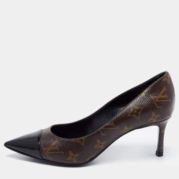 Pre Owned Louis Vuitton Brown/Black Monogram Canvas And Patent Leather Cap Toe Fetish Pointed Toe Pumps Size 36
