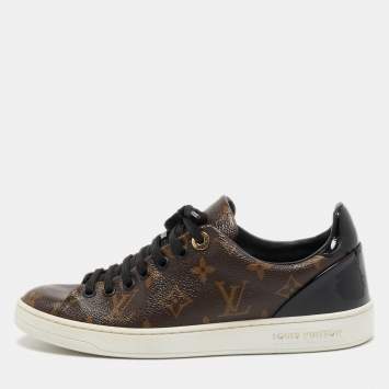 Pre Owned Louis Vuitton Brown/Black Monogram Canvas and Patent Leather Frontrow Low Top Sneakers Size 37