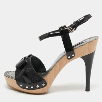 Pre Owned Louis Vuitton Black Leather and Monogram Canvas Bow Ankle Strap Sandals Size 38