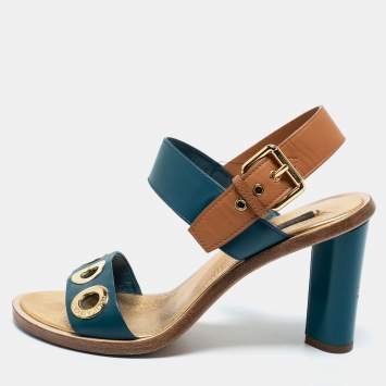 Pre Owned Louis Vuitton Blue/Brown  Leather Ankle Strap Sandals Size 39