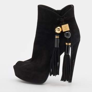 Pre Owned Louis Vuitton Black Suede Tassel Peep Toe Platform Booties Size 38