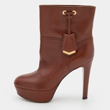 Pre Owned Louis Vuitton Brown Leather Platform Ankle Length Boots Size 38