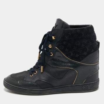 Pre Owned Louis Vuitton Navy Blue Leather and Suede Cliff Sneakers Size 39