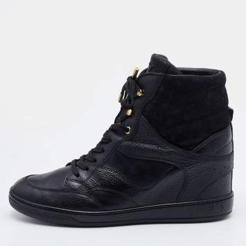 Pre Owned Louis Vuitton Black Monogram Embossed Suede and Leather Cliff Wedge Sneakers Size 41