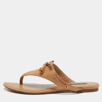 Pre Owned Louis Vuitton Tan Leather Dice Bow Thong Flats Size 38