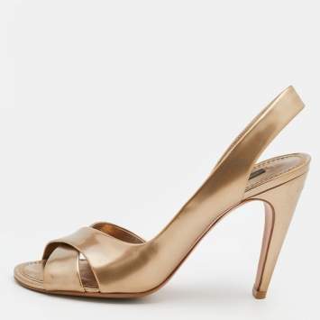 Pre Owned Louis Vuitton Metallic Bronze Leather Criss Cross Slingback Sandals Size 38.5