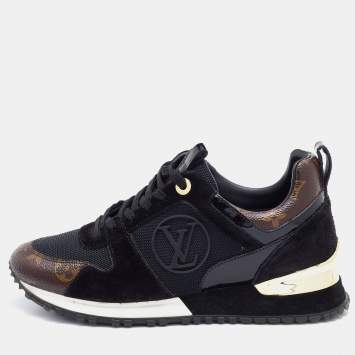 Pre Owned Louis Vuitton Black/Brown Mesh, Suede and Monogram Canvas Run Away Sneakers Size 36