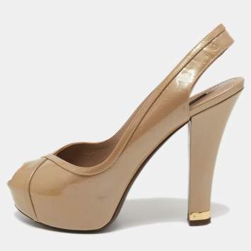 Pre Owned Louis Vuitton Beige Monogram Vernis Leather Tamara Slingback Pumps Size 37.5