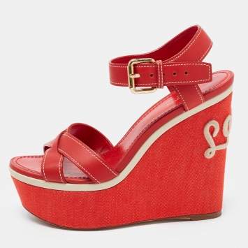 Pre Owned Louis Vuitton Red Leather  Platform Ankle Strap Sandals Size 36