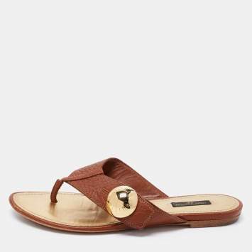 Pre Owned Louis Vuitton Brown Leather Studded Thong Flats Size 38