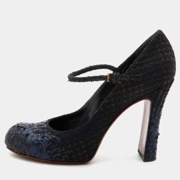 Pre Owned Louis Vuitton Black/Navy Blue Sequins and Tweed Mary Jane Pumps Size 37.5