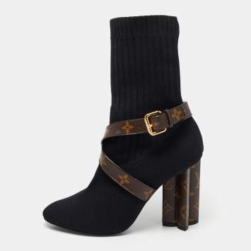 Pre Owned Louis Vuitton Black/Brown Knit Fabric And Monogram Canvas Ankle Boots Size 39 