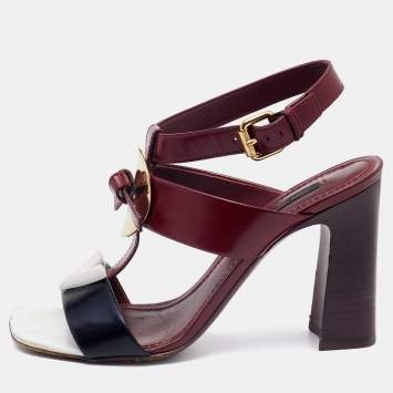 Pre Owned Louis Vuitton Burgundy/Black Leather Ankle Strap Sandals Size 37
