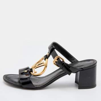 Pre Owned Louis Vuitton Black Patent Leather Block Heel Slide Sandals Size 36