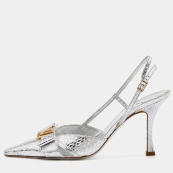 Pre Owned Louis Vuitton Silver Python Embossed Leather LV Logo Embellished Slingback Pumps Size 38.5