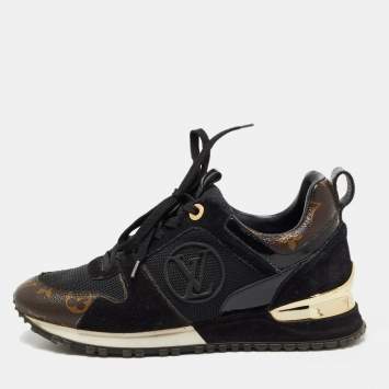 Pre Owned Louis Vuitton Black/Brown Mesh and Monogram Canvas Run Away Sneakers Size 36
