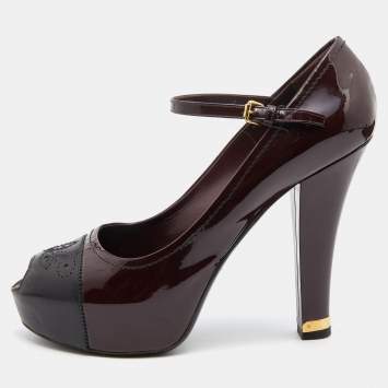 Pre Owned Louis Vuitton Burgundy/Black Patent Leather Ankle Strap Platform Pumps Size 39.5