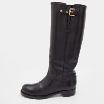 Pre Owned Louis Vuitton Black Leather Buckle Detail Calf Length Boots Size 38