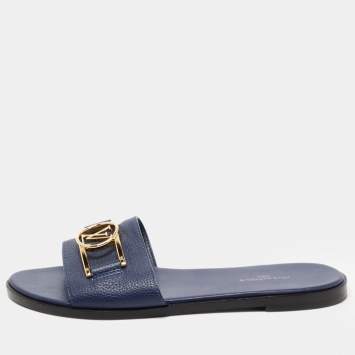 Pre Owned Louis Vuitton Navy Blue Leather Lock It Flat Slides Size 38