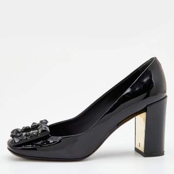 Pre Owned Louis Vuitton Black Patent Leather Block Heel Pumps Size 36