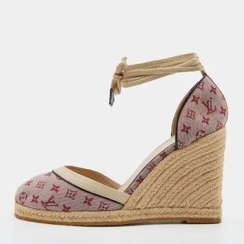 Pre Owned Louis Vuitton Pink Monogram Canvas and Leather Starboard Espadrille Wedge Pumps Size 38