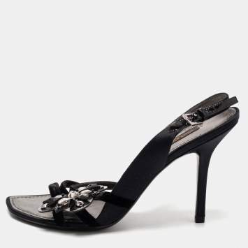 Pre Owned Louis Vuitton Black Satin and Velvet Crystal Embellished Slingback Sandals Size 36.5