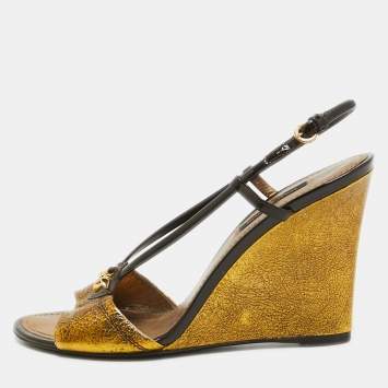 Pre Owned Louis Vuitton Gold Texture Leather and Patent Leather Wedge Sandals Size 37