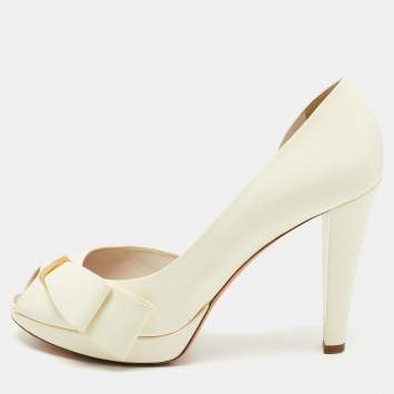 Pre Owned Louis Vuitton Off White Patent Leather Bow Peep Toe D'orsay Pumps Size 40