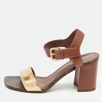 Pre Owned Louis Vuitton Gold/Brown Leather Bloom Ankle Strap Sandals Size 37