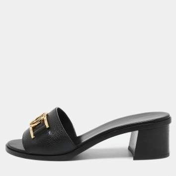 Pre Owned Louis Vuitton Black Leather Lock It Slide Sandals Size 38.5