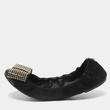 Pre Owned Louis Vuitton Black Suede and Patent Leather Mimi Studded Bow Scrunch Ballet Flats Size 38