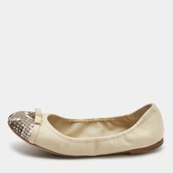 Pre Owned Louis Vuitton White Two Tone Leather And Python Cap Toe Scrunch Ballet Flats Size 38
