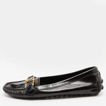 Pre Owned Louis Vuitton Green Patent Leather Oxford Slip On Loafers Size 37