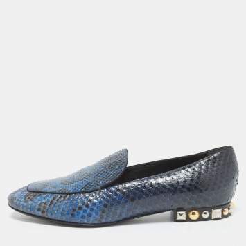 Pre Owned Louis Vuitton Blue/Black Python Studded Heel Loafers Size 38