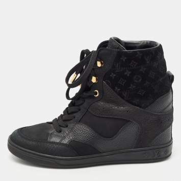Pre Owned Louis Vuitton Black Leather and Monogram Suede Cliff High Top Sneakers Size 35