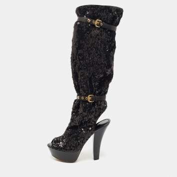 Pre Owned Louis Vuitton Black Sequins Platform Knee Length Boots Size 37.5