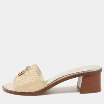 Pre Owned Louis Vuitton Gold Python Lock It Slide Sandals Size 38