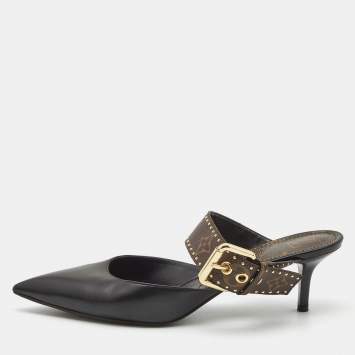 Pre Owned Louis Vuitton Black/Brown Leather and Studded Monogram Canvas Pointed Toe Mules Size 39
