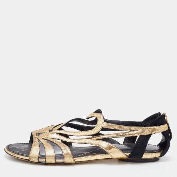 Pre Owned Louis Vuitton Gold/Black Leather, Suede and PVC Strappy Flat Sandals Size 38.5