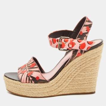Pre Owned Louis Vuitton Pink/Brown Monogram Canvas Sugar Pink Poppy Espadrille Wedge Platform Ankle Strap Sandals Size 37