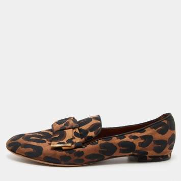 Pre Owned Louis Vuitton Brown Leopard Printed Fabric Bow Detail Smoking Slippers Size 39