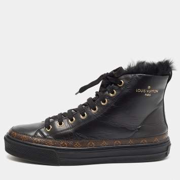 Pre Owned Louis Vuitton Black Monogram Canvas and Leather High Top Sneakers Size 36.5