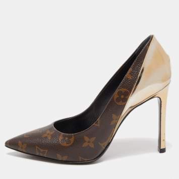 Pre Owned Louis Vuitton Gold Monogram Canvas and Patent Leather Cherie Pumps Size 36