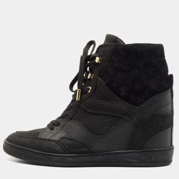 Pre Owned Louis Vuitton Black Leather and Embossed Monogram Suede Cliff Top Sneakers Size 37