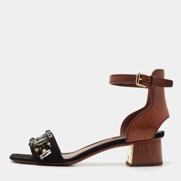 Pre Owned Louis Vuitton Black/Brown Crystal Embellished Suede and Leather Ankle Strap Sandals Size 38