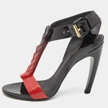 Pre Owned Louis Vuitton Black/Red Patent Leather Ankle Strap Sandals Size 39
