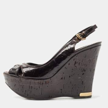 Pre Owned Louis Vuitton Black Patent Leather Pantheon Wedge Slingback  Sandals Size 36