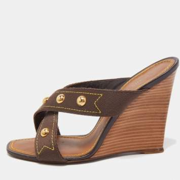 Pre Owned Louis Vuitton Brown Canvas Studded Cross Strap Wedge Sandals Size 38.5
