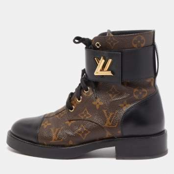 Pre Owned Louis Vuitton Brown Leather and Monogram Canvas  Wonderland Flat Ranger Boots Size 37