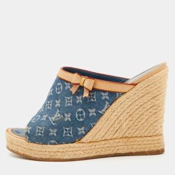 Pre Owned Louis Vuitton Blue/Beige Monogram Denim Espadrille Wedge Mules Size 38.5
